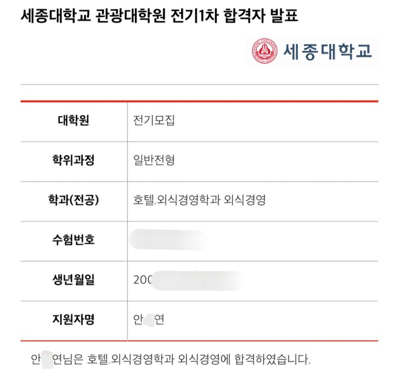 "세종대학교 관광대학원 호텔외식경영학과 석사과정 합격"